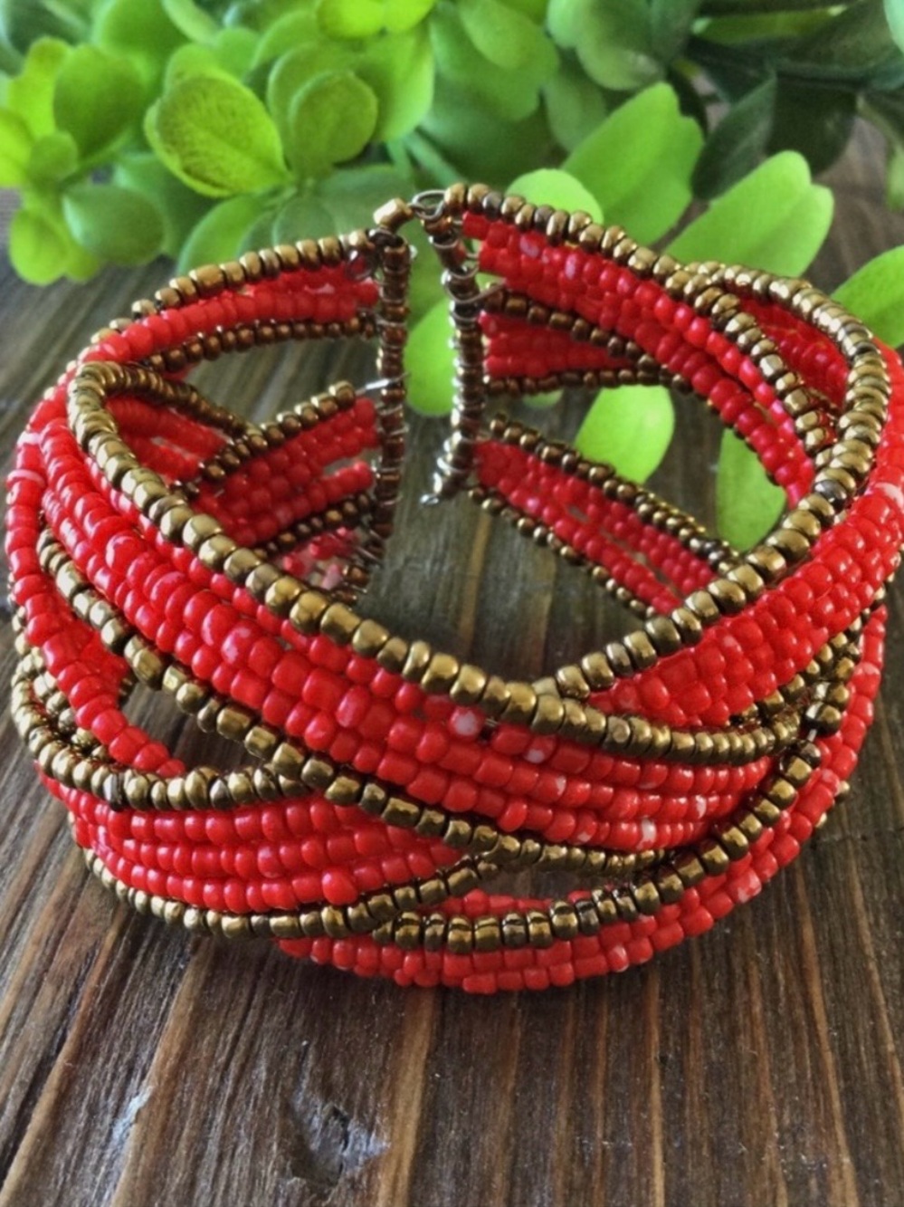 Vintage Handmade Red & Gold Braided Seed Bead Cuff Bracelet